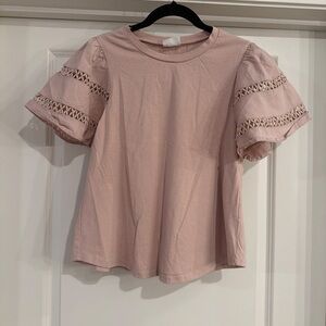 Women's Crochet Trim Puff Sleeve Tee - Blush Pink